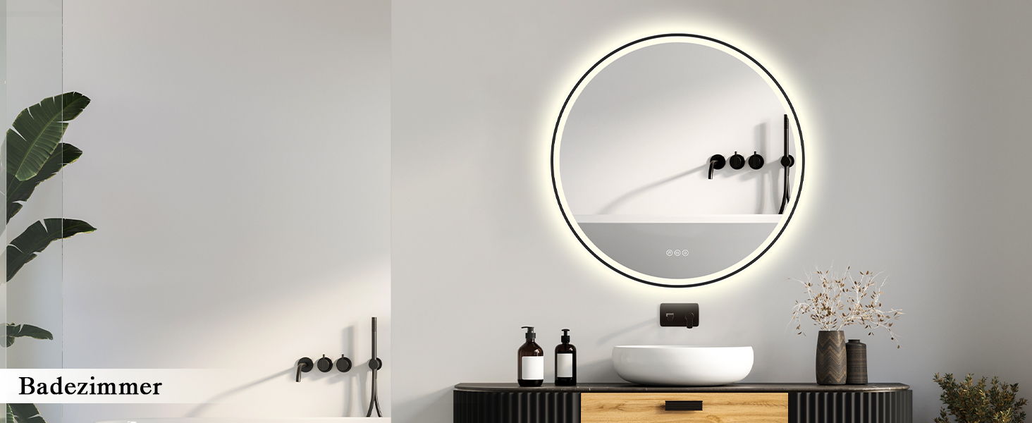 Дзеркало для ванної кімнати з підсвічуванням LED, антизапар, сенсорне керування, регулювання яскравості, 3 кольори світла, функція пам'яті, захист від вибуху, кругле дзеркало 50см (металевий каркас+bluetooth)