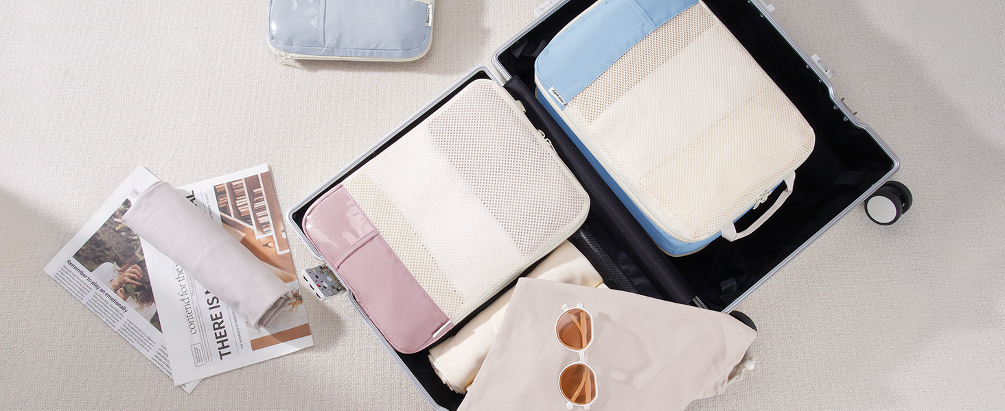 Набір органайзерів для валізи Narwey (6 шт.) - кубики для пакування з компресією, бежевий. Організація подорожей та зручне пакування речей.