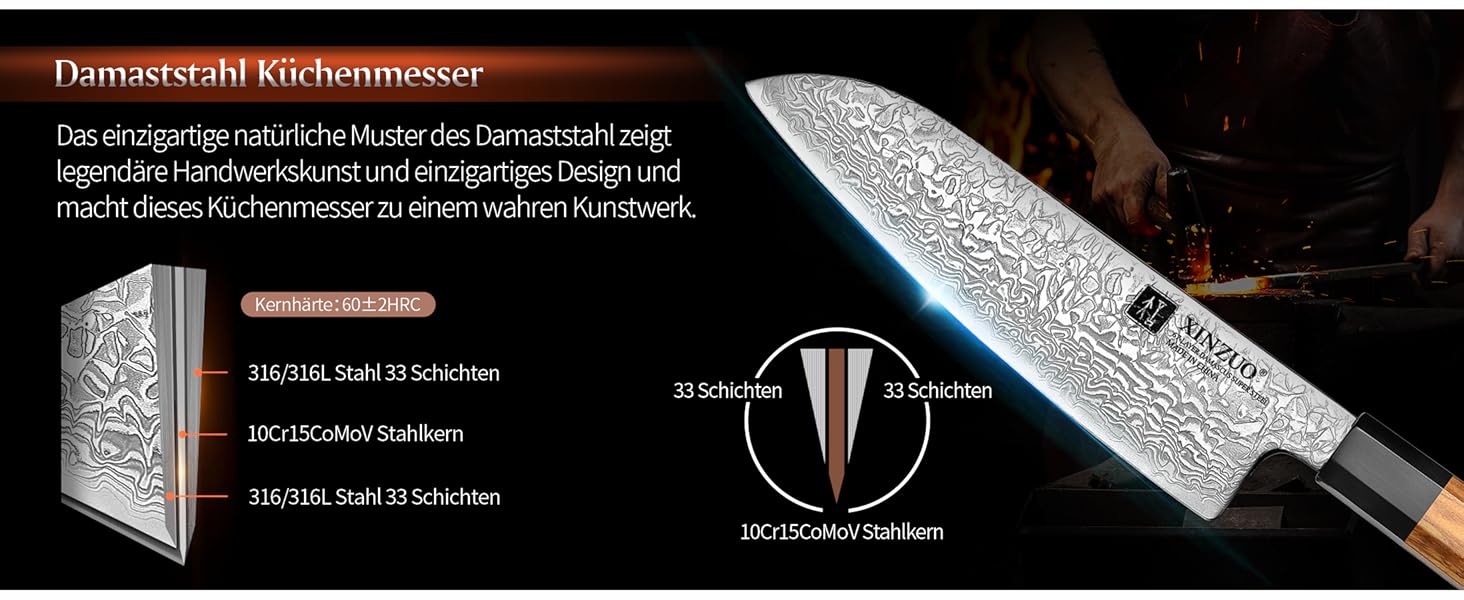 Японський ніж XINZUO Damaststahl Kiritsuke 21.5 см з нержавіючої сталі Дамаск, ніж шеф-кухаря Gyuto з ручкою з оливкового дерева та чорного рогу буйвола, з піхвою (набір з 5 ножів)