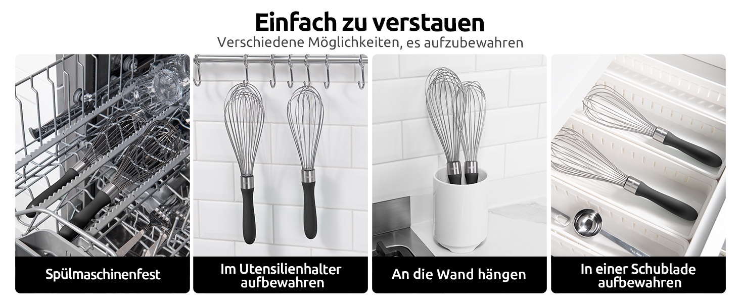 Міксер кухонний U-Taste, 30 см, з нержавіючої сталі 18/10, 12 гнучких дротів, силіконовий ручка, для тіста та соусів (Чорний)