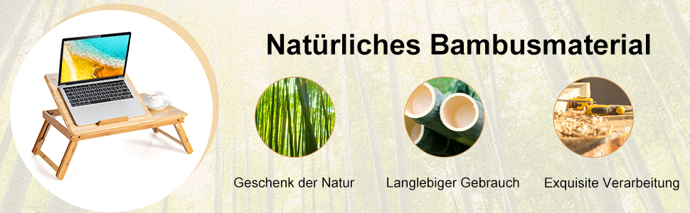 Столик для ноутбука COSTWAY з бамбука, регульований по висоті та куту нахилу, з вентиляцією, з ящиком, складний, для роботи та відпочинку, 53 x 33 x 20-26,5 см (натуральний бамбук)