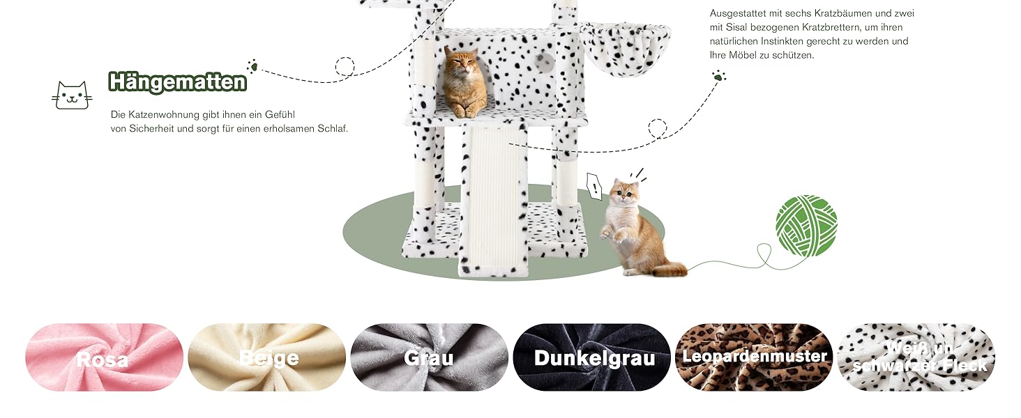 Котячий будиночок MUTICOR з когтеточкою, 206 см, багатоярусний, для великих котів, з лежаком-гамаком, широка база, колір: білий та чорний