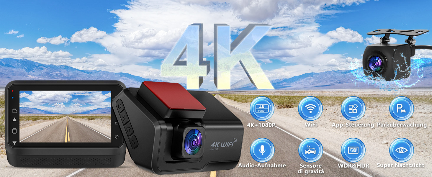 Відеореєстратор Chortau Dashcam 4K+1080P з двома камерами, WiFi, LCD 3 дюйми, 64GB SD, Нічне бачення, G-сенсор, Park Mode