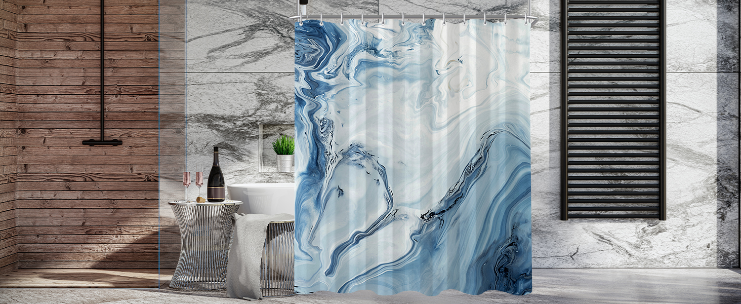 Штора для душу 180x200 см з утяжеленим краєм, антигрибкова, водовідштовхувальна, поліестер, з кільцями (Блакитний градієнт мармуру)
