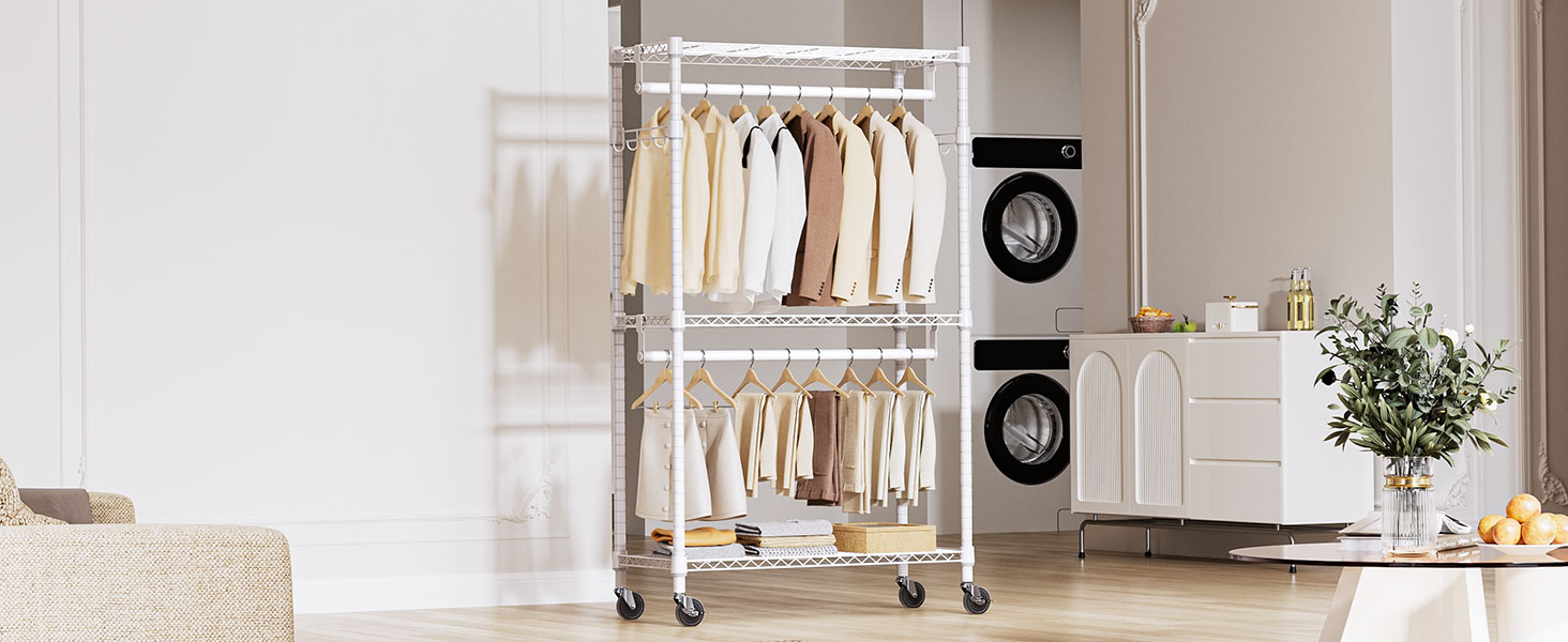 Міцний пересувний вішак для одягу з 3 рівнями, білий - 40x75x189.3 см