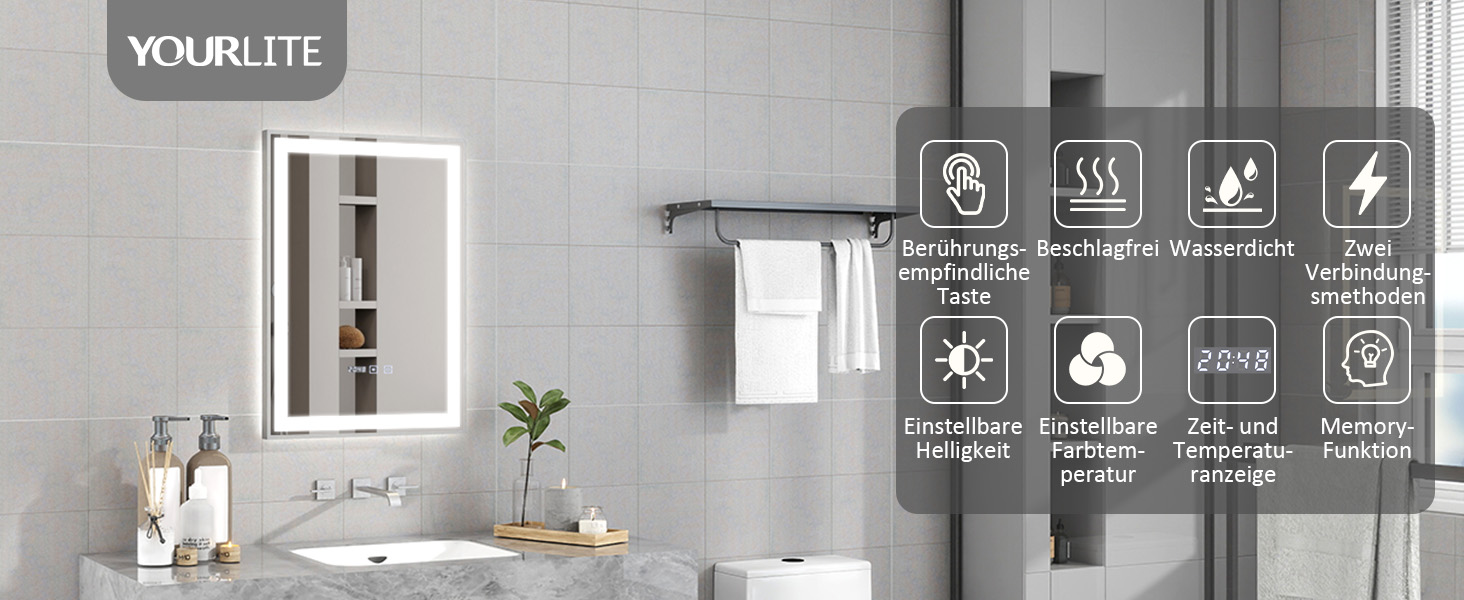 Дзеркало YOURLITE з підсвічуванням 70x50 см, LED дзеркало для ванної кімнати з годинником, сенсорне керування, 3 кольори світла, регулювання яскравості, антизапарник, пам'ять, срібний