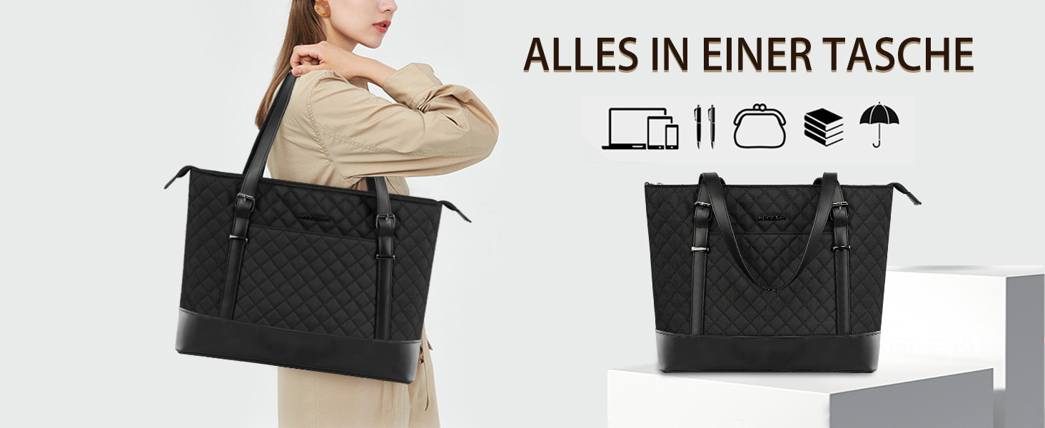 Сумка для ноутбука KROSER жіноча чорна елегантна 15.6 дюймів, велика легка сумка-тоут для бізнесу, школи, подорожей - стебнована