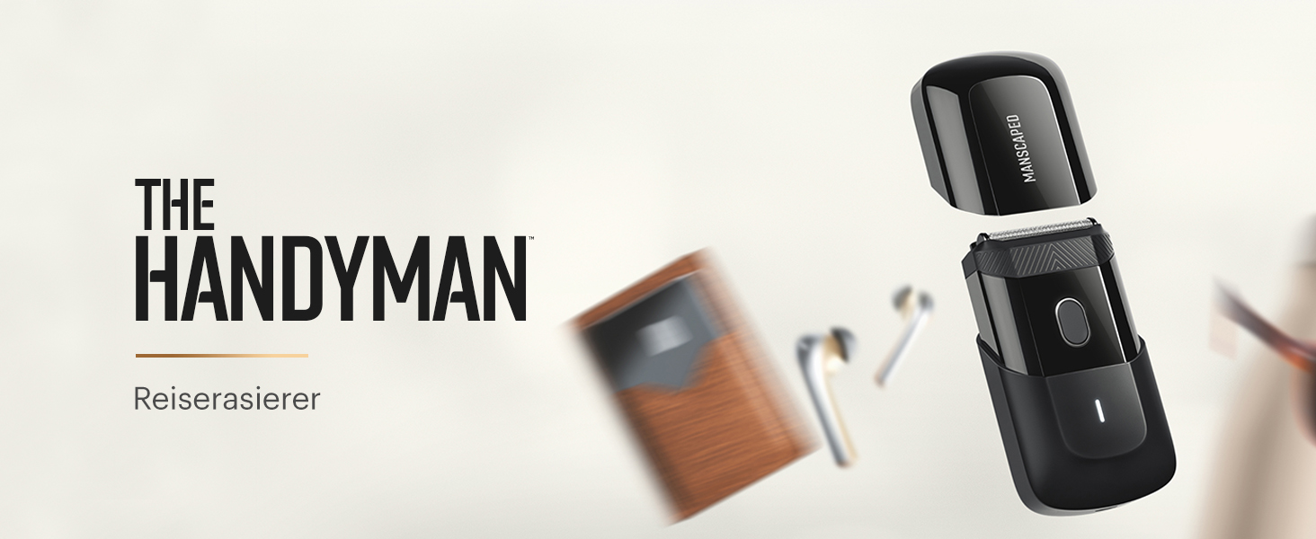The Handyman™ by MANSCAPED®: Travel Shaver, Lightweight Rechargeable Electric Shaver with USB-C Charging Cable for On-the-Go, Washable, with Long Hair Trimmer and Foil Shaver Head.