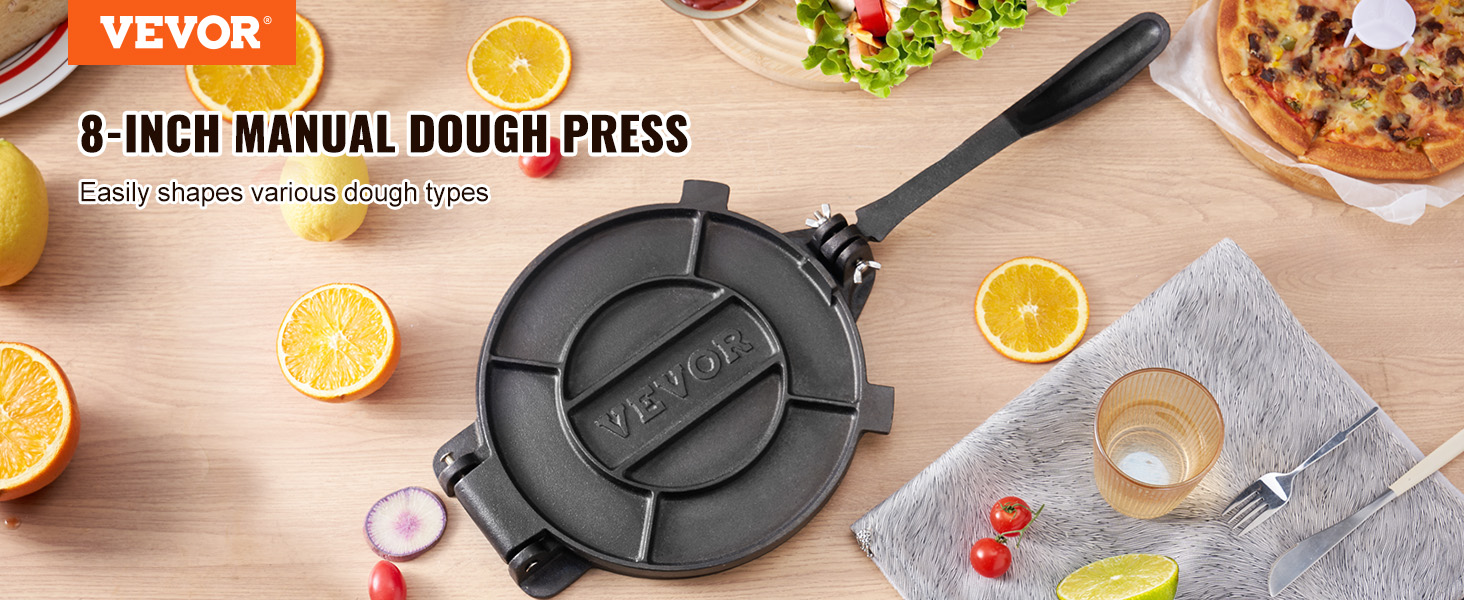 Пресс для тортилій VEVOR, 20 см, з чавуну, для приготування тако, з 100 шт. паперу для випікання, чорний
