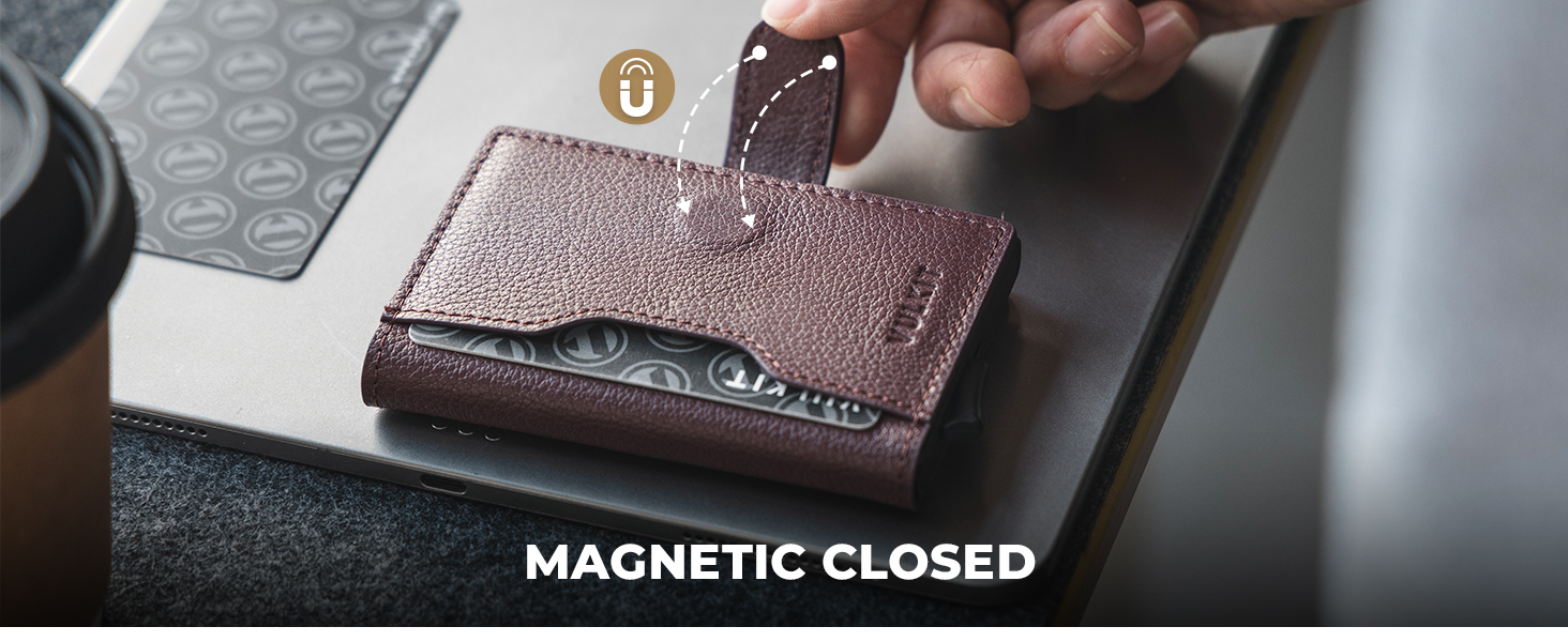 Чоловіче картхолдер VULKIT з RFID захистом, шкіряний, на 3 картки та віконце для ID, з магнітною застібкою, червоний (шкіра Litchi)