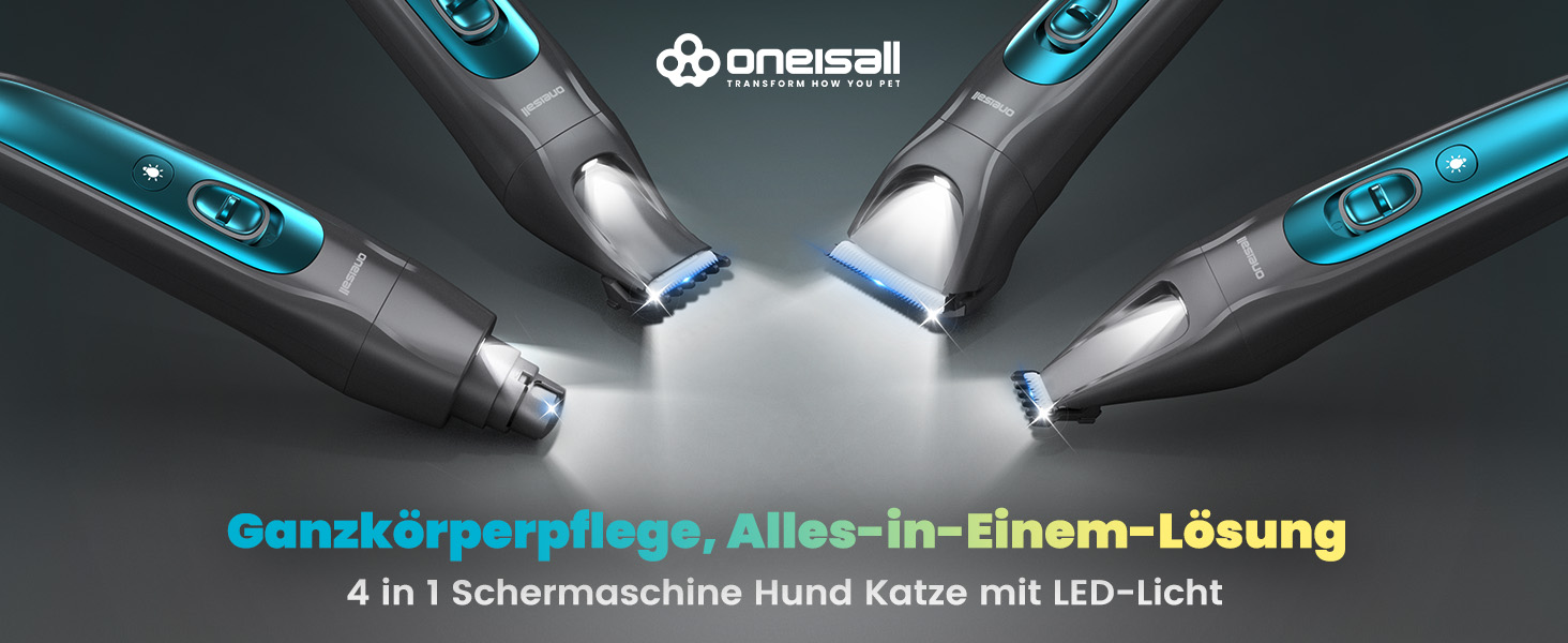 Oneisall 4-in-1 Pet Grooming Kit: Dog & Cat Hair Clippers, Trimmer & Nail Grinder with LED Light - Rechargeable Blue