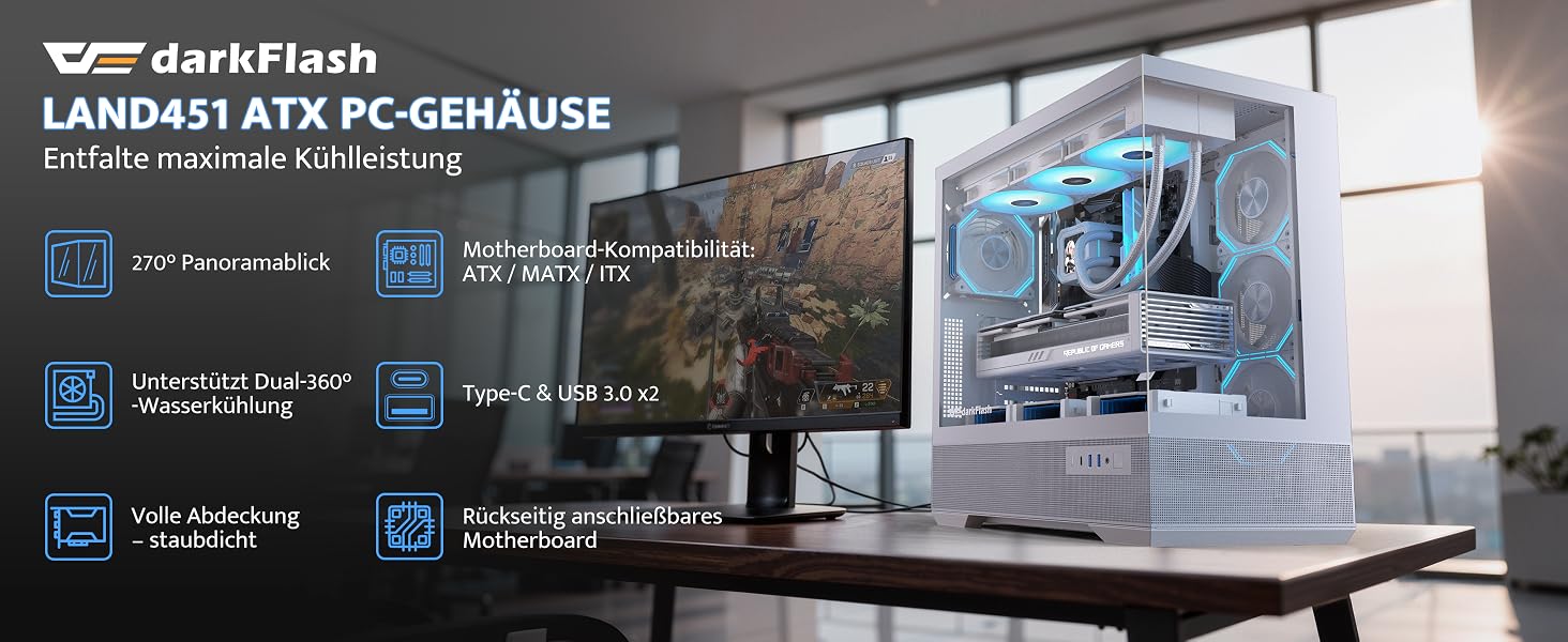 Ігровий корпус darkFlash LAND451 Midi Tower ATX (Білий) — підтримка BTF-материнських плат, вертикальна установка відеокарти RTX 5090 (до 420мм), Type-C, підтримка двох 360мм СРО, панорамний огляд