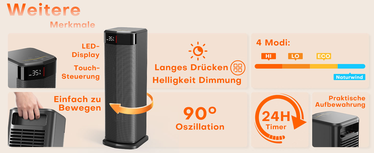 Електричний обігрівач QEXREED 2000W з PTC, 4 режими, термостат, осциляція 180°, таймер 24г, пульт, захист від перекидання та перегріву