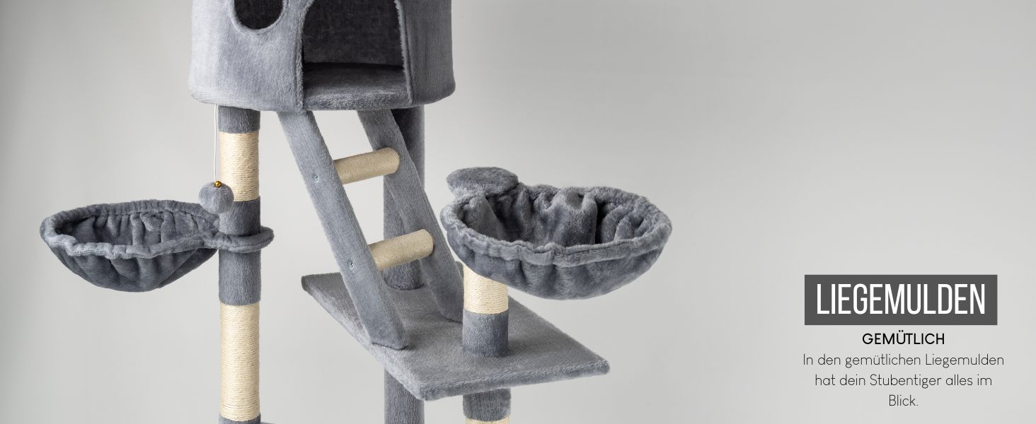 Драбина для котів Lionto XXL з сизалю та плюшу, 230-250 см. Комплектація: іграшкові м'ячики, дзвіночки, гамак, тунель, печери. Підходить для котів будь-якого розміру, сірий колір