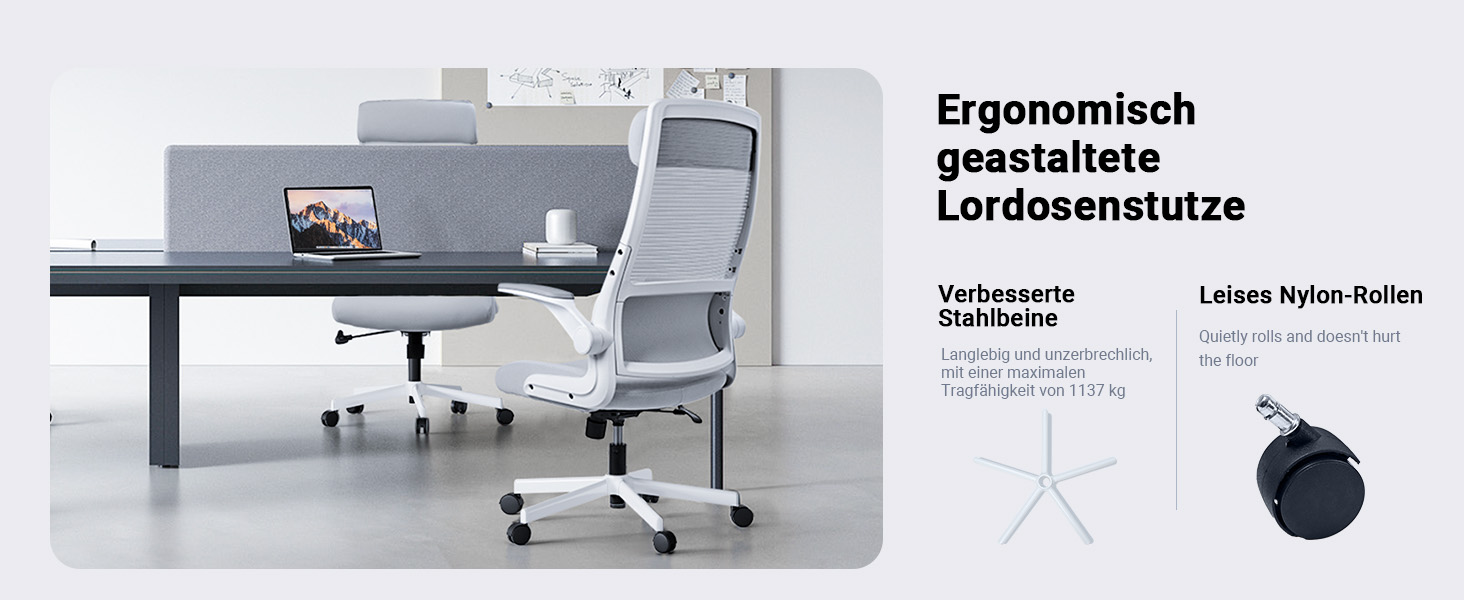 Ергономічне крісло для офісу з регульованою підголовником, сітчасте крісло для столу, відкидні підлокітники, широке сидіння, функція гойдання, комп'ютерне крісло EN 1335, офісне крісло 200 KG, сіре