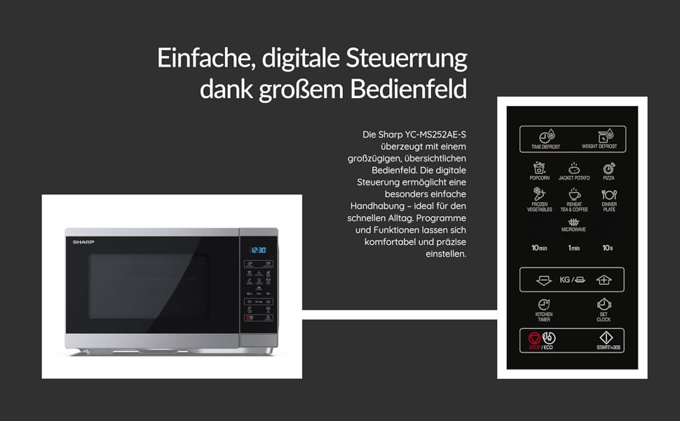Мікрохвильова піч SHARP YC-MS252AE-B: 25 літрів, 900W, цифровий дисплей, срібна