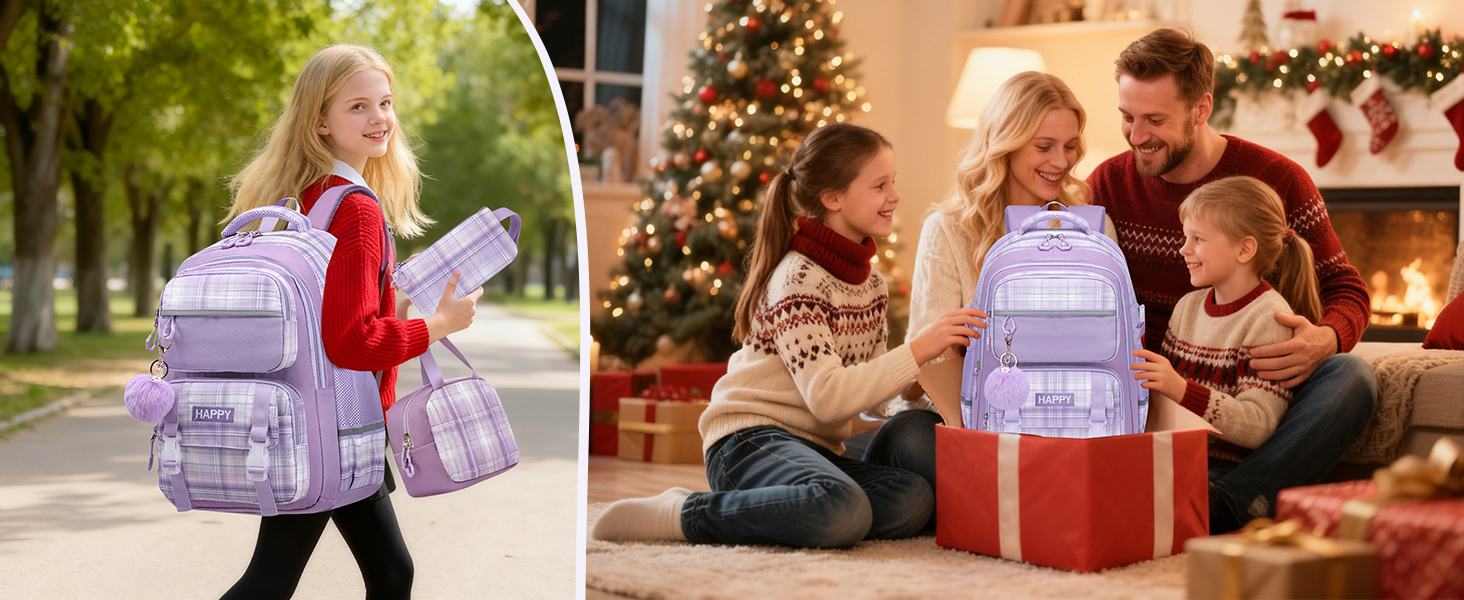 Шкільний рюкзак для дівчаток з візерунком, дихаючий та водовідштовхуючий рюкзак для 1-5 класів (рюкзак для дітей + ізольована ланч-торбинка + пенал, фіолетовий)