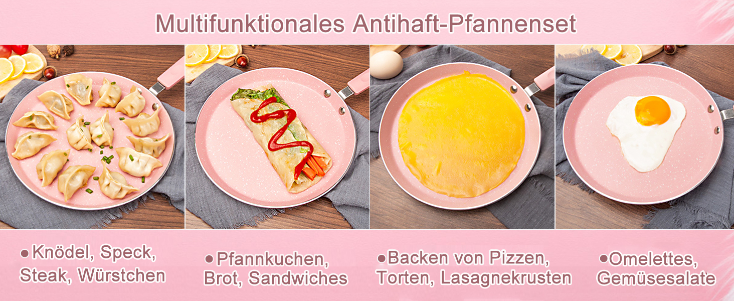 Набір сковорідок Maxspace 3 шт. з антипригарним покриттям, 18, 22, 26 см, для всіх типів плит, рожевий