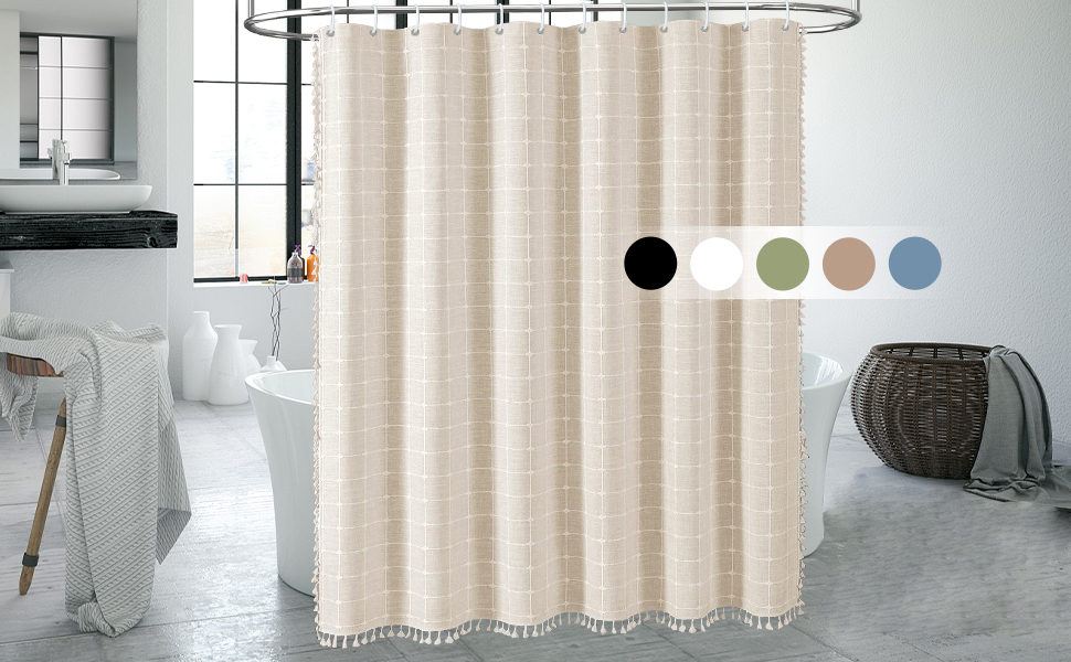 Штора для душу м'ятного кольору в стилі бохо - льон, 72x78 дюймів (183x193 см) з китицями