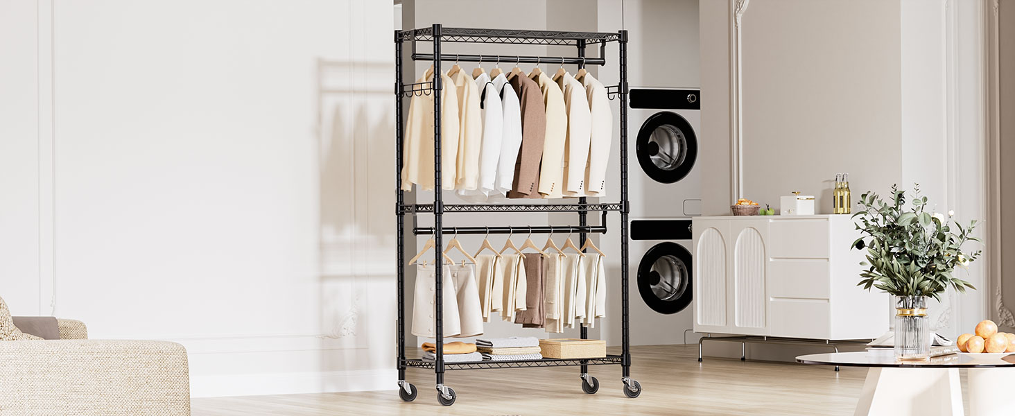 Міцний мобільний вішак для одягу з 3 рівнями, регульованими полицями, 2 штангами та гачками, чорний 40x75x189.3 см