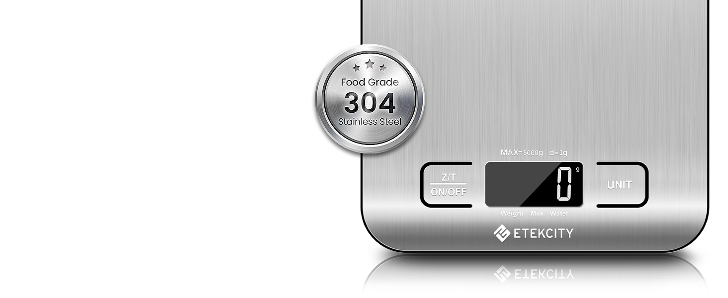 Etekcity Digital Kitchen Scale - 1g Precision, 10kg Capacity, LED Display, Tare Function, USB Rechargeable, Stainless Steel