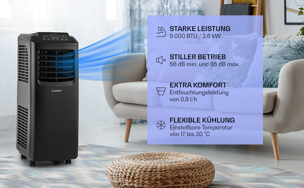Klarstein Mobile Klimaanlage: 9000 BTU, 3-в-1 (клімат-контроль, вентилятор, осушувач), портативна для дому та офісу, білий/чорний