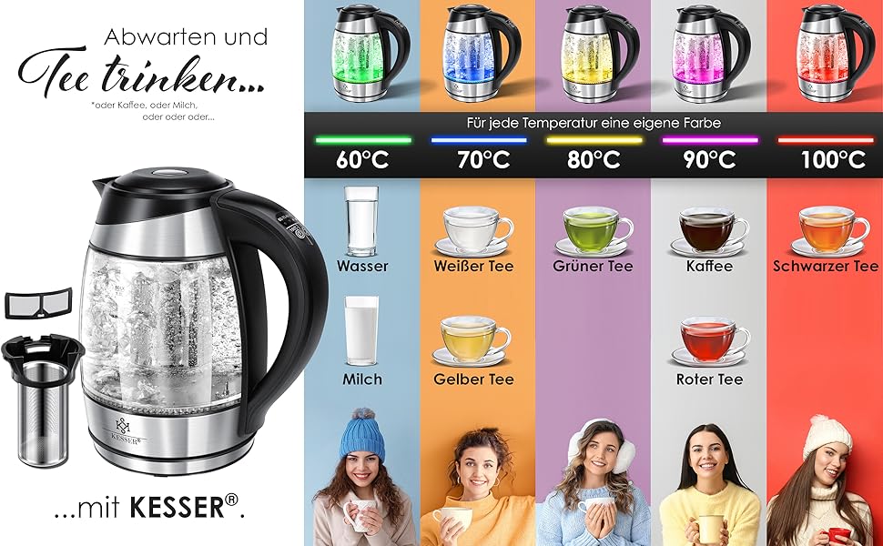 Електричний чайник KESSER 1,8 л із нержавіючої сталі та підсвіткою LED, зміна кольору залежно від температури (60–100°C), скляний корпус, з ситечком для чаю та фільтром від накипу, функція підтримки тепла