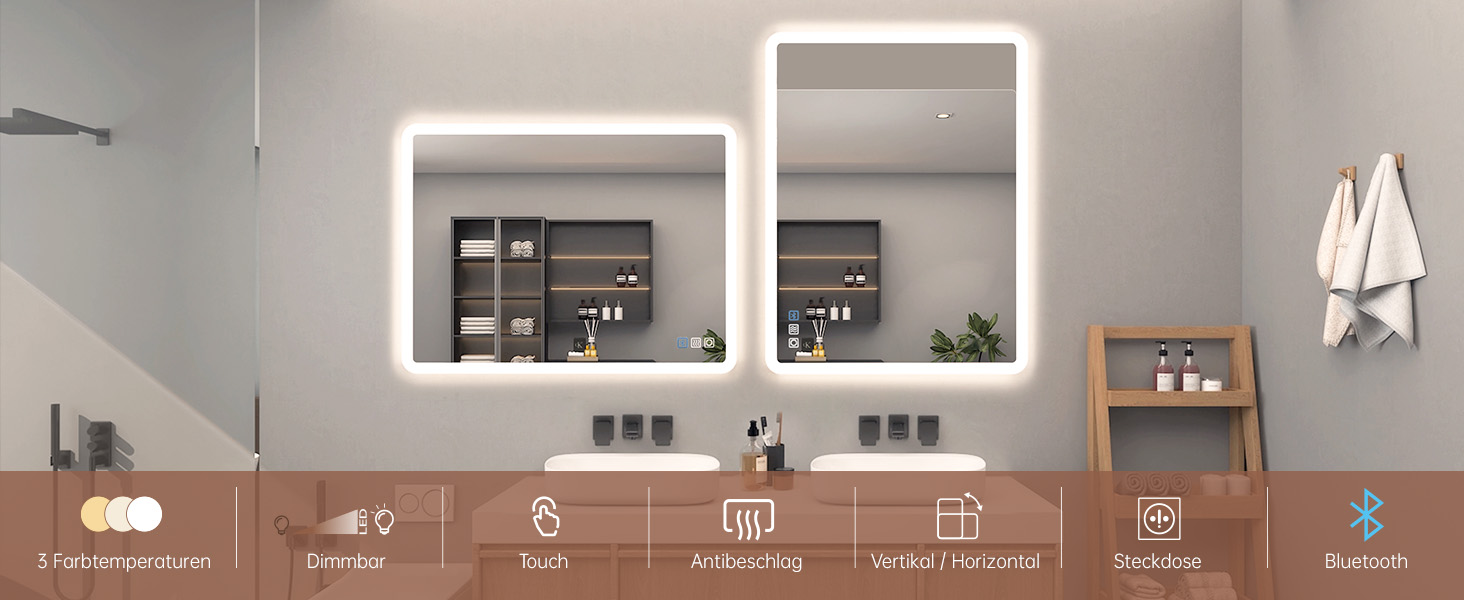 MIQU LED дзеркало для ванної кімнати з підсвічуванням 60x50 см, велике дзеркало для ванної кімнати з сенсорним регулюванням, тепле/біле світло, антизапар, настінне дзеркало для ванної кімнати, туалету, коридору, прямокутне з округлими кутами (3 кольори світла + Bluetooth + розетка, 60L x 80B см)