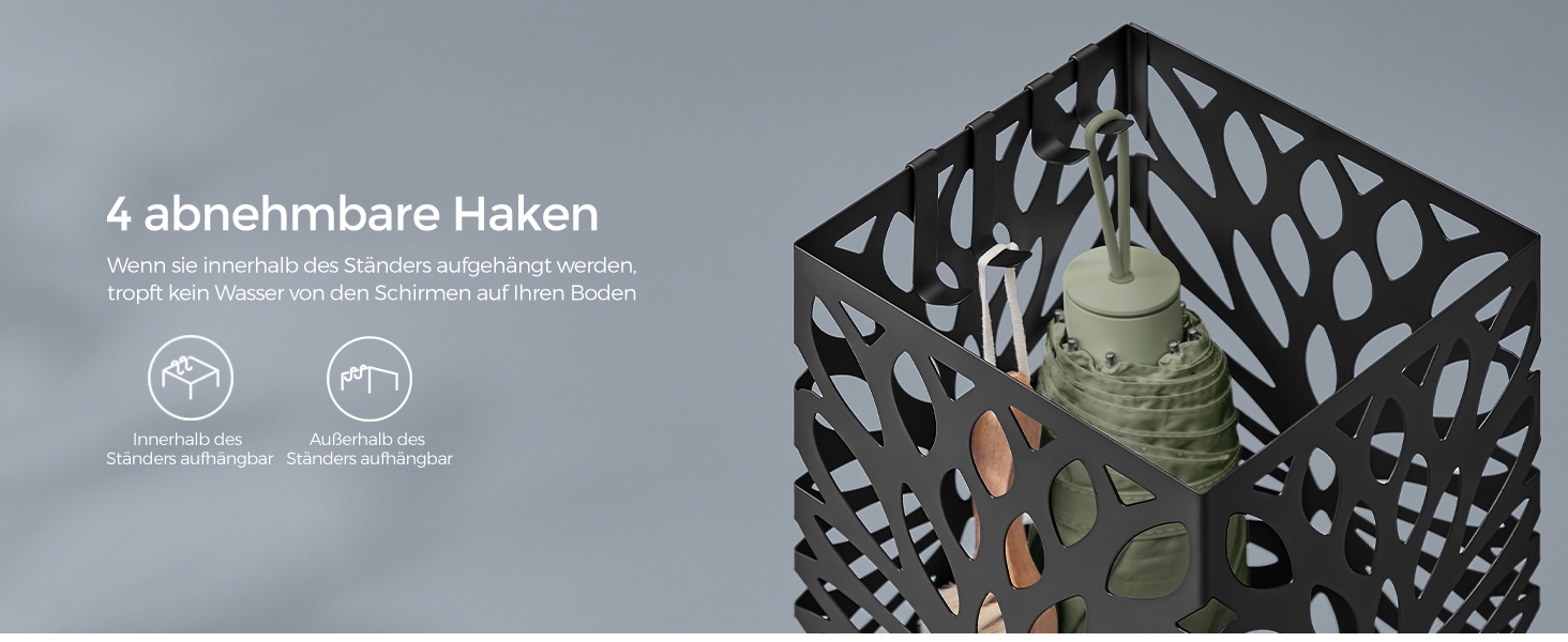 Стійка для парасоль та трекінгових палиць SONGMICS, чорна, металева, з піддоном для води, 4 гачки, 41 см