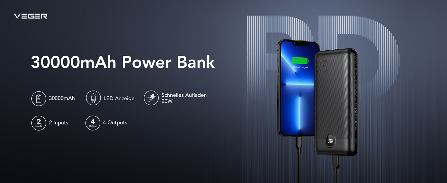 Power Bank VEGER 30000mAh 20W PD: Швидка зарядка, LED дисплей, 4 виходи, 2 входи, USB-C, сумісний з iPhone, iPad, планшетами