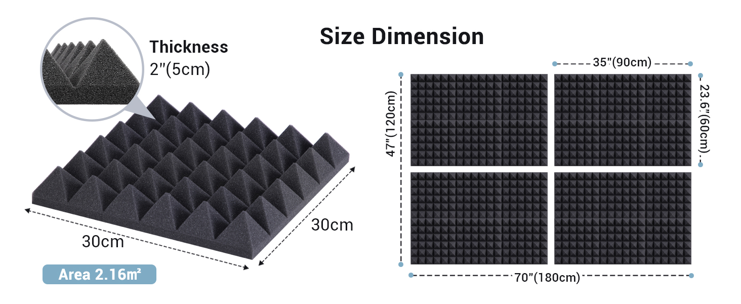Акустичні пірамідні панелі Ohuhu для звукоізоляції, шумопоглинаючий поролон 30x30x5 см, 24 шт. (для студії, подкастів, YouTube)