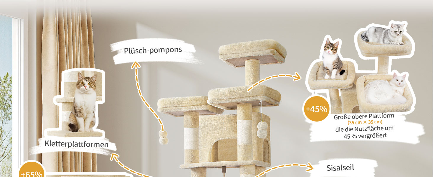 Кігтеточка для котів Hzuaneri 176 см, XL, 3 платформи, 2 печери, 7 стовпчиків, гамак, плюшеві кульки, для багатокотових домівок, MS17618SG (Бежевий)