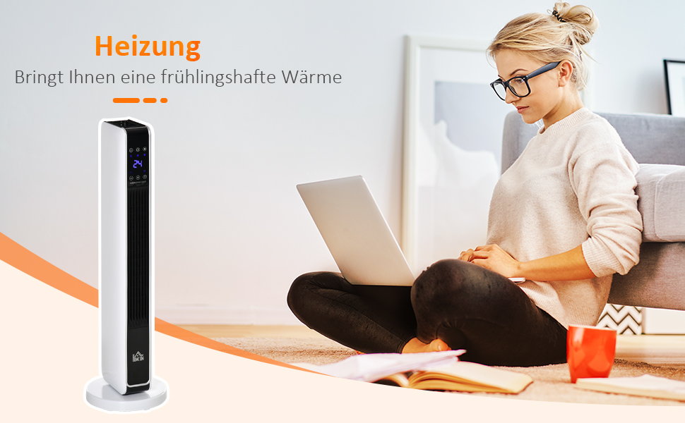 Електричний обігрівач HOMCOM 2200W – керамічний нагрівальний тумба з пультом, таймером та осциляцією, білий+чорний, 21 x 21 x 73 см