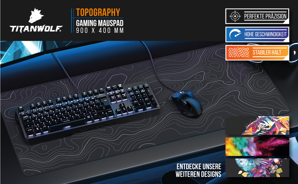 Килимок для миші TITANWOLF XXL 900x400mm - великий, покращена точність та швидкість, топографія