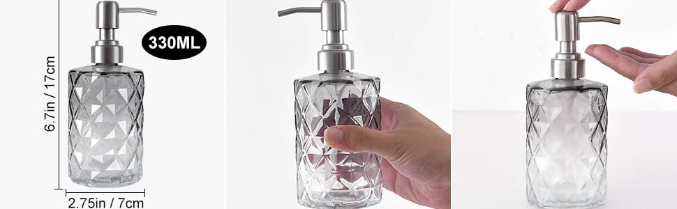 Дозатор мила скляний для ванної кімнати, наповнюваний помповий дозатор для кухні з нержавіючим тримачем, 2 підставки, 330 мл, вінтажний дозатор мила з матовим насосом (сірий)