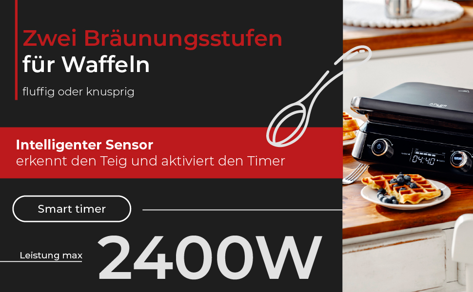 Вафельниця Adler Belgische Waffel – електрична вафельниця з LCD-дисплеєм, 2400W, 5 програм, 7 рівнів підсмажування, глибокі нагрівальні пластини 12x13x2 см