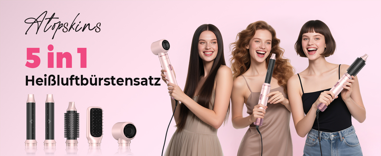Мультистайлер для волосся 5 в 1 Atopskins Air Styler 1000W: фен-щітка, вирівнювач та плойка для сушіння, завивки та гладкого волосся, колір Creamrosa