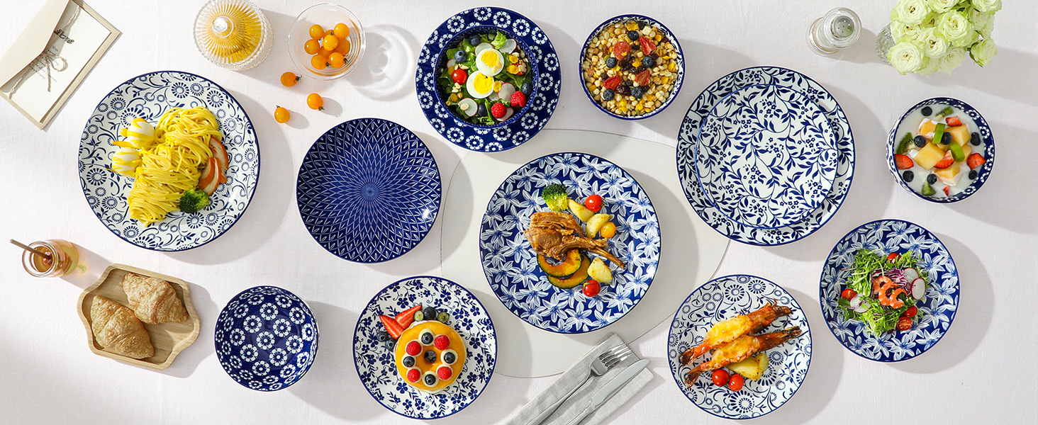 Набір посуду на 6 осіб Vancasso Selene 24-частинний: тарілки, супові тарілки, салатники, миски. Керамічний сервіз з порцеляни, блакитно-білий.