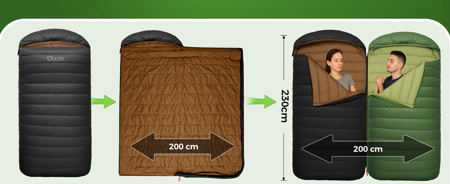 Сплячий мішок XXL з пуху на 3-4 сезони, 230x100 см, для дорослих, чорний, -3°C