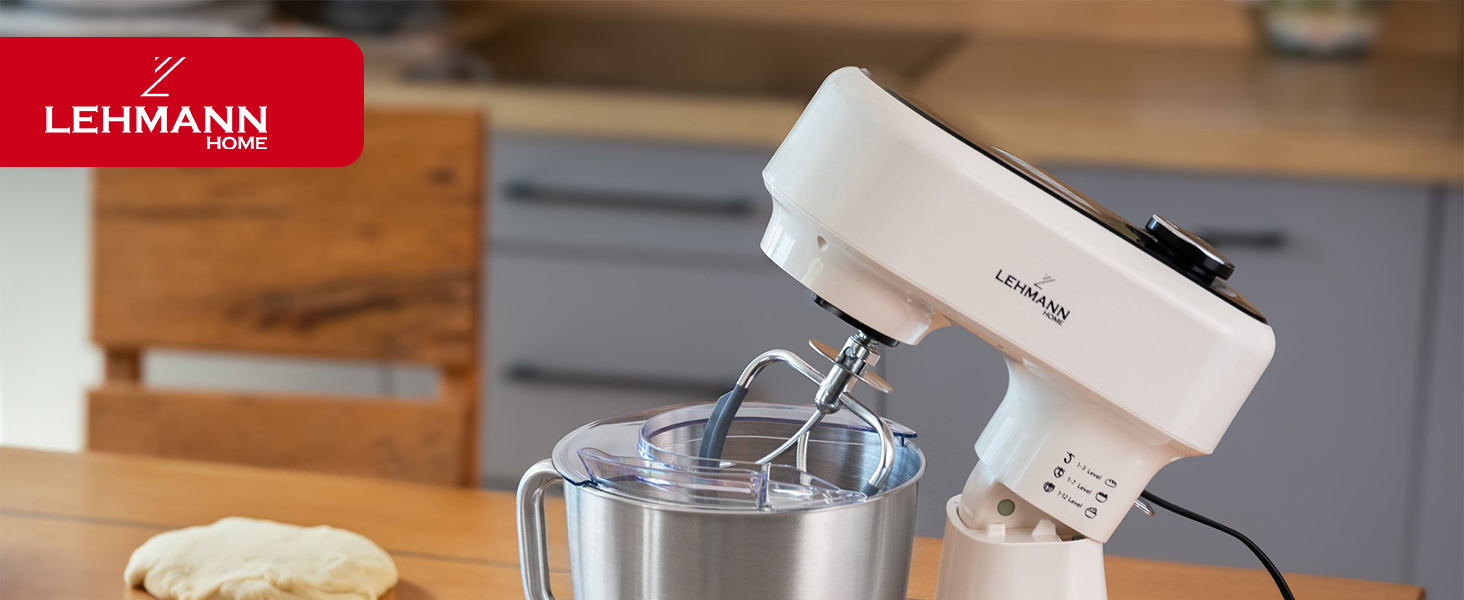 Кухонна машина Lehmann з дисплеєм, 1500 Вт, 12 швидкостей, функція ферментації з підігрівом, вбудовані ваги, таймер, чаша 5 л та 3 насадки-мішалки, Бежевий