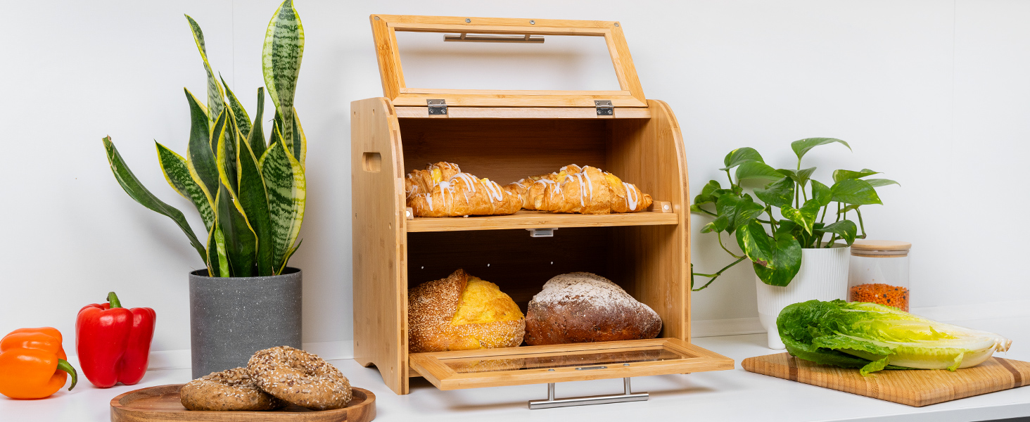 Бамбуковий хлібний ящик Arise з вентиляцією, 2 полиці та вікно, для хліба, бургерів, сендвічів. 40 x 26 x 37 см