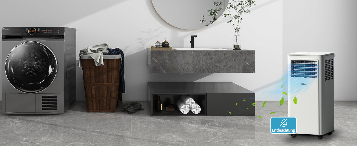 Мобільний кондиціонер SHINCO 3,5kW з випускним шлангом, охолодження/вентиляція/зневожування, для приміщень до 90 м³, білий (7000BTU-M)