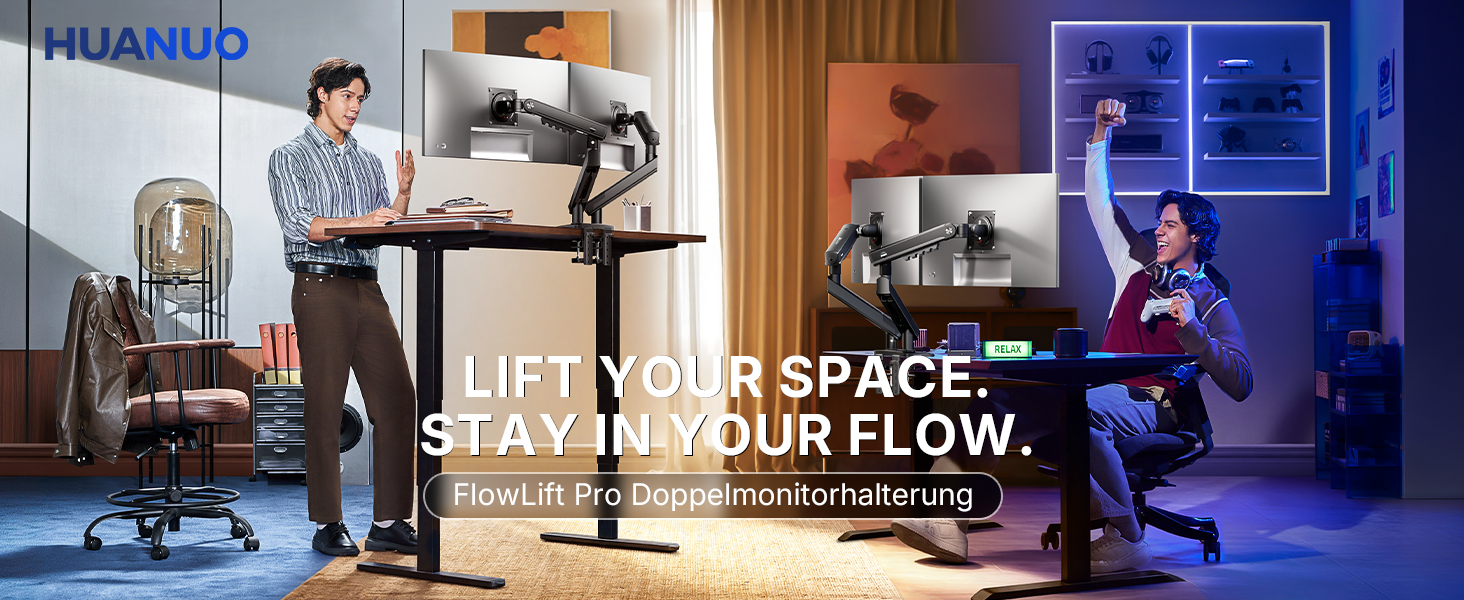 Кронштейн для двох моніторів HUANUO FlowLift Pro MechaSpring, 13–32 дюйми, до 9 кг, VESA 75/100 мм, регулювання нахилу, повороту та обертання, для геймінгу та офісу