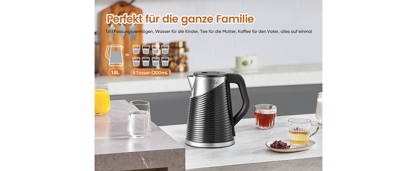 Електричний чайник OLEGA 1.8 л, 1800 Вт, швидкий нагрів, чорний, BPA Free