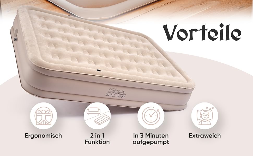 Надувне ліжко для 2 осіб [3-в-1 система] | Елегантне гостьове та кемпінгове ліжко | Надувна матрац з електропомпою 150x200 | Самостійно надувна повітряна матрац для 2 осіб, бежевий