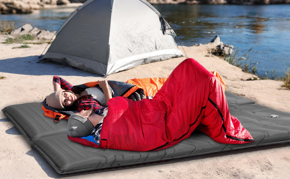 Tixexo Self-Inflating Sleeping Pad - Camping Air Mattress with Foot Pump - 13cm Thick, Spliceable, Outdoor Hiking & Camping Cushion - Grey