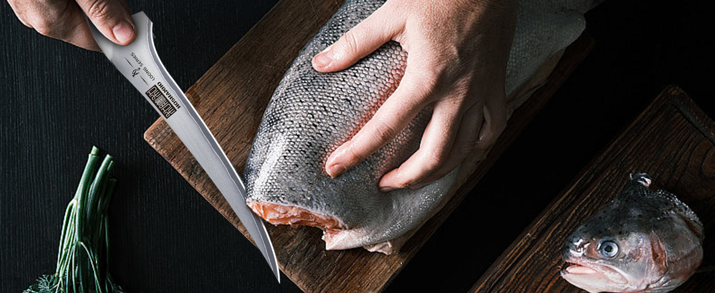Ніж для філетування риби HOSHANHO 18 см, професійний ніж для риби та виймання кісток, ніж для філетування риби з надзвичайно гострим лезом та ергономічною ручкою з паккавуда, 18 см, срібний