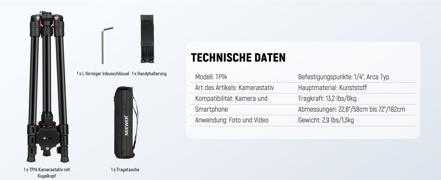 Штатив для камери NEEWER BASICS 77' з моноподом, кульковою головкою 360° та пластиною Arca QR, компактний, легкий, з алюмінію, для подорожей, відеозйомки, максимальне навантаження 6кг (TP14)