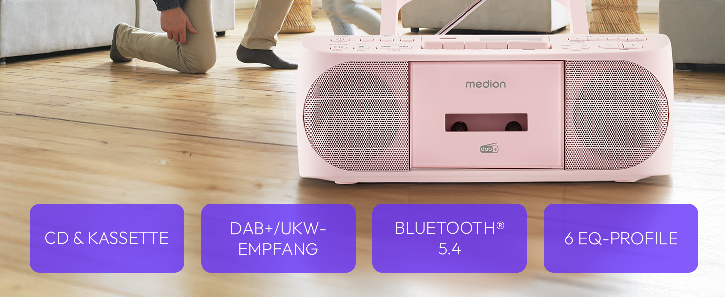 MEDION DRX-1 Plus Boombox: Портативна радіосистема з DAB+, Bluetooth, CD-плеєром, MP3, касетним провідником, AUX, акумулятором та мережевим живленням, зелений/рожевий колір