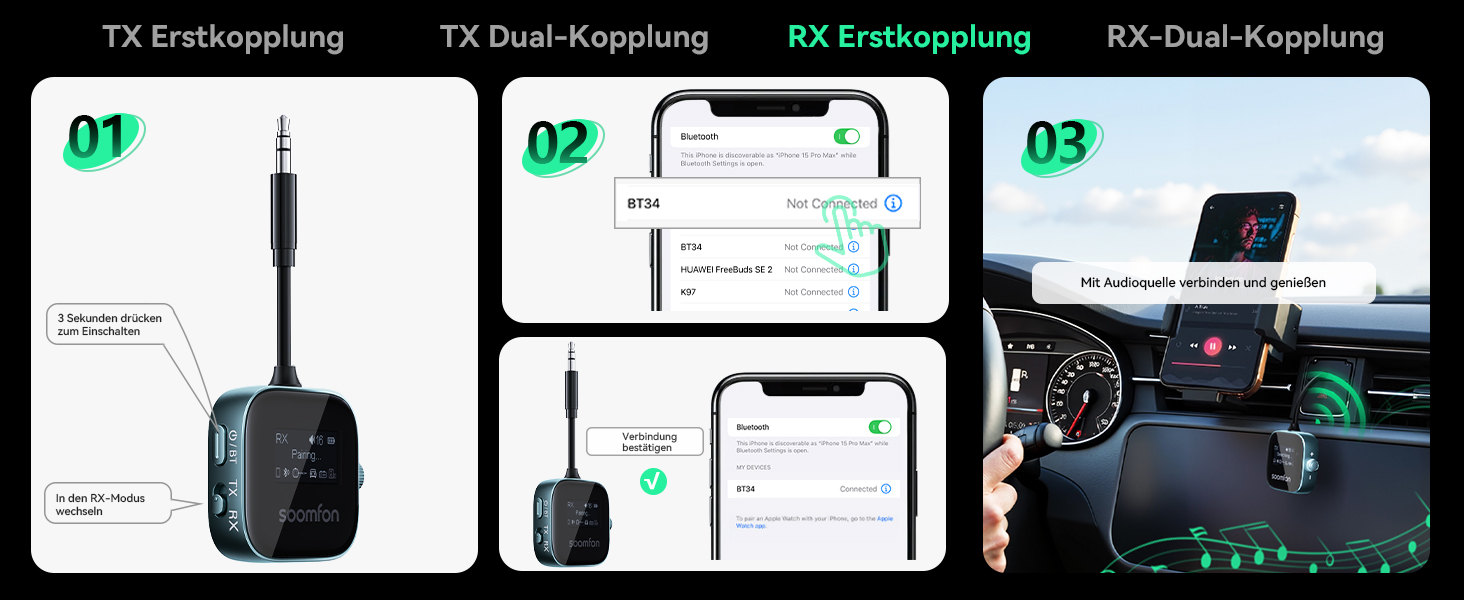 SOOMFON Bluetooth 5.3 Передавач/Приймач 2-в-1: Адаптер для телевізора, фітнесу, навушників (Airpods) з дисплеєм та акумулятором